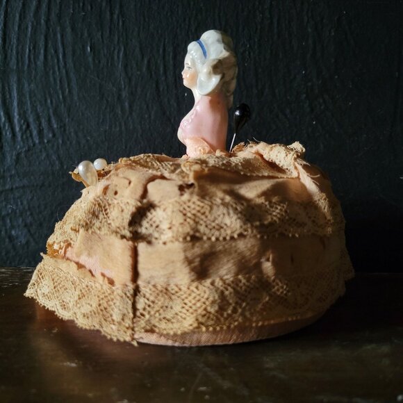 Antique Porcelain Half Doll Pin Cushion, Sewing Room Decor, Tattered Dress Doll - Picture 3 of 9